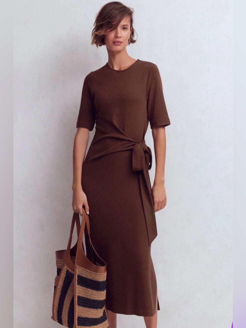 NWT Boden Zinnia Tie Jersey Midi Dress Brown US 12L Side Knot Ponte